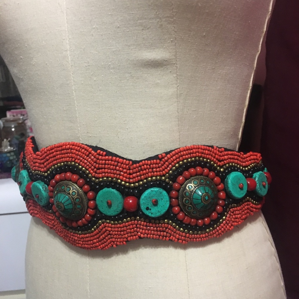 Turquoise and coral handmade belt.  No brand.  Artisan made.  Gorgeous!
